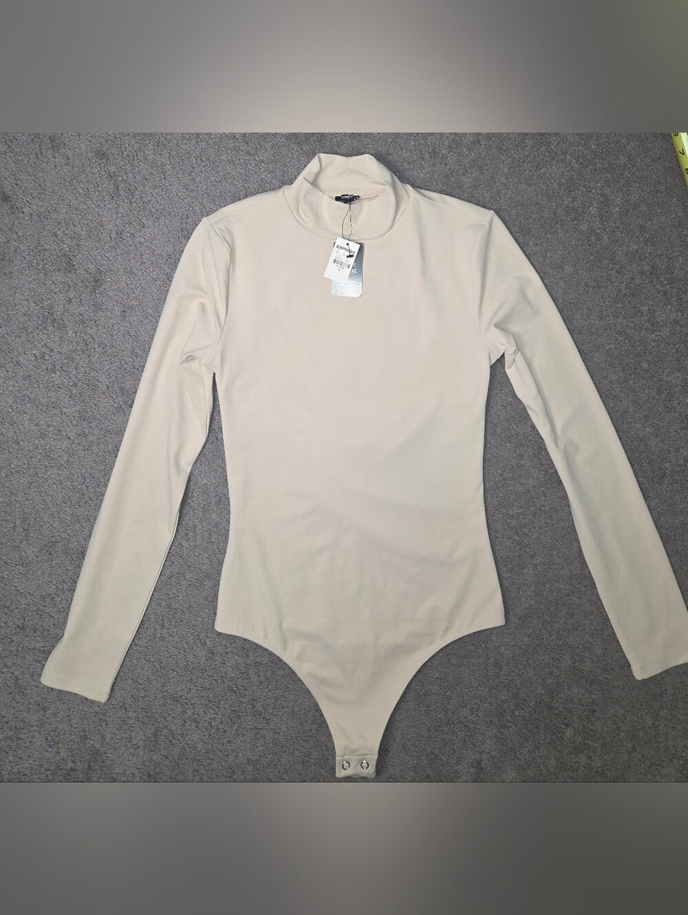 Express Long Sleeve Mock Neck Bodysuit in Light Beige